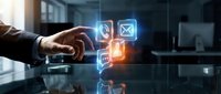 Businessman hand touching glowing digital communication icons including phone, envelope, and message symbols on modern office desk with blurred background.