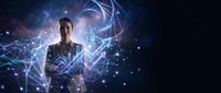Professional businesswoman surrounded by glowing digital network connections and data visualization effects against cosmic space background for technology concepts.
