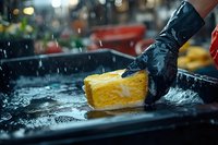 Hand in black glove washing yellow sponge on dark surface with water splashes and drops in restaurant kitchen, close up view with blurred background.