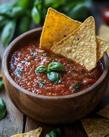 Fresh tomato salsa served in wooden bowl with crispy corn tortilla chips and basil garnish on rustic wooden table, close up view of traditional Mexican appetizer.