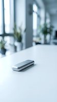 Modern silver smartphone lying on white desk in bright contemporary office with blurred windows and plants in background for business technology concepts.