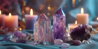 Mystical crystal arrangement with amethyst and quartz points surrounded by glowing candles on teal fabric creating spiritual ambiance.
