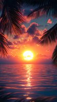 Dramatic orange sunset over calm ocean waters, framed by silhouetted palm fronds. Vibrant pink clouds reflect on rippling sea surface creating magical tropical evening atmosphere.