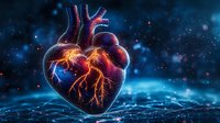 Anatomical heart with glowing energy vessels against dark blue cosmic background, illuminated by vibrant orange light streams and floating particles.