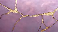 Luxurious gold kintsugi cracks on purple marble texture. Abstract art background with metallic golden veins pattern for luxury design and decor.