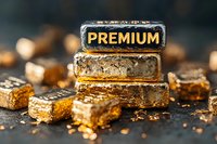 Gold bars stacked with premium text engraving on dark background with golden dust and particles, macro photography for luxury finance concept.