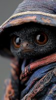 Close-up portrait of mysterious black owl with large amber eyes wrapped in colorful patterned textile. Dark atmospheric wildlife photography with selective focus.