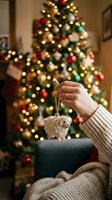 Person holding fluffy white sheep ornament with gold string in front of decorated holiday tree with warm lights and red baubles indoors.