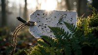 Dragonfly perched on white leaf with moss and fern in forest setting, backlit by sunlight filtering through trees.