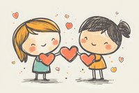 Sweet cartoon couple holding hearts, romantic doodle illustration with cute characters in simple style on light background, love concept for valentines cards and designs.