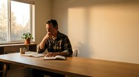 Middle-aged Caucasian man in plaid shirt reading book at wooden desk by window with warm natural lighting for home office or study space design.