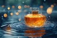 Luxury perfume bottle splashing in water with golden bokeh lights creating dramatic ripples and reflections on dark blue surface. Perfect for beauty advertising.
