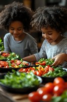 Young African American girls preparing fresh salad with tomatoes and vegetables in kitchen, enjoying healthy cooking and meal preparation together.
