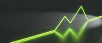 Neon green glowing upward trending arrow chart on dark background, representing financial growth, stock market success, and business performance metrics.