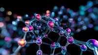 Glowing molecular structure with pink and blue spheres connected by bright lines on dark background, scientific visualization of chemical compound or crystal lattice.