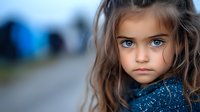 Young girl with striking blue eyes and brown hair wearing sparkly blue outfit gazes intensely at camera with blurred background creating dramatic portrait.