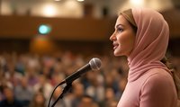 Young Middle Eastern woman in pink hijab speaking at microphone during conference presentation, side profile view with blurred audience background.