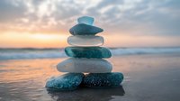 Balanced stone cairn on sandy beach at sunset with soft ocean waves and golden sky creating peaceful meditation and wellness atmosphere for relaxation.