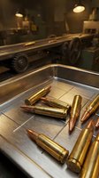 Military ammunition bullets in metal tray with tank vehicle in background for defense industry and warfare training concepts.