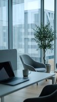 Modern office workspace with laptop, plant and city view through large windows for business productivity and remote work environments.
