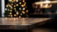 Rustic wooden table surface with blurred Christmas tree lights creating magical bokeh background, cozy holiday atmosphere for product display and festive designs.