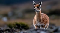 Majestic guanaco standing alert in natural habitat, soft brown fur catching evening light against blurred mountain landscape background. Wildlife photography concept.