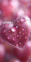 Pink heart shape with water drops and dew on blurred romantic background, macro photography with soft bokeh effect for Valentine's Day designs.