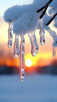 Sparkling icicles hanging from snow-covered branch at golden sunset creating magical winter scene with warm orange sky and frozen crystalline formations.