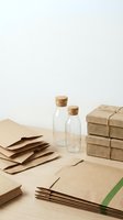 Eco-friendly packaging materials with glass bottles, kraft paper bags and cardboard boxes for sustainable business shipping and branding solutions.