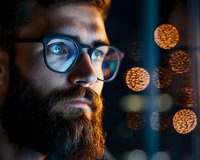 Close up portrait of bearded Caucasian man wearing glasses in dark moody lighting with bokeh lights in background, side profile view showing contemplative expression.