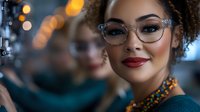 Young African American woman with natural curly hair wearing stylish glasses and bright red lipstick smiles confidently against blurred bokeh background.
