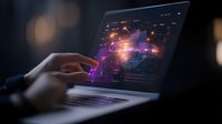 Glowing digital world map with data visualization on laptop screen in dark room, hands typing on keyboard with purple and orange light effects.