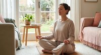 Young Asian woman practicing mindfulness meditation in cozy living room with natural light, sitting cross-legged on floor in comfortable beige clothing.