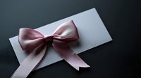 Pink satin bow tied on white paper card against dark background, elegant gift wrapping detail with soft lighting and shallow depth of field.