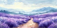 Serene lavender fields stretching across rolling hills with winding dirt path leading to misty mountains under soft blue sky.