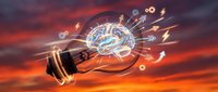 Light bulb with glowing brain and digital icons bursting out against dramatic orange sunset sky, representing innovation, creativity, and intelligent ideas for business and technology concepts.