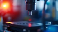 Precision laser technology in manufacturing process with red beam focused on microchip surface, modern industrial equipment in clean room environment.