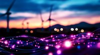 Glowing purple light trails against sunset sky with mountain silhouette and bokeh lights creating magical evening atmosphere. Suitable for technology and innovation concepts.