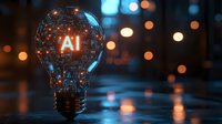Glowing light bulb with AI text and digital circuit pattern against dark background with bokeh lights, representing artificial intelligence innovation.