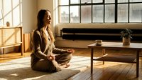 Young Asian woman practicing mindfulness meditation in sunlit modern living room with wooden furniture and large windows for wellness lifestyle.