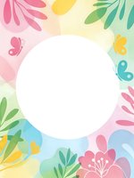Colorful spring floral frame with butterflies and white circle space for text on pastel background for greeting cards and invitations.