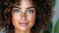 Close-up portrait of young woman with curly brown hair, blue eyes, and natural makeup against soft blurred background.