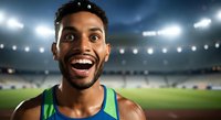 Excited male athlete with dark skin and beard wearing green and blue sports tank top, celebrating in stadium with bright floodlights and grass field background, expressing joy and victory.
