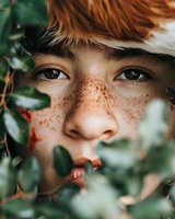 Close-up portrait of young redhead with natural freckles and brown eyes peering through green foliage leaves, creating mysterious and artistic composition.
