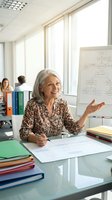 Senior businesswoman presenting strategy during office meeting with colleagues in modern workplace environment for corporate training materials.