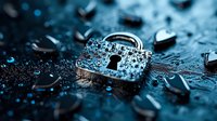 Digital padlock on circuit board with water drops, glowing blue cybersecurity concept showing data protection and network safety in modern technology.