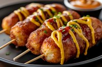 Crispy corn dogs on wooden skewers drizzled with mustard and ketchup sauces, garnished with fresh herbs, served on black plate with dipping sauce.