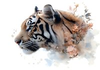 Majestic tiger head profile with delicate floral elements and watercolor effects blending into white background, artistic wildlife illustration for wall art and design projects.