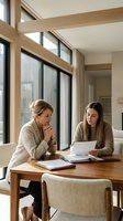 Two professional women collaborating at wooden table in modern office with large windows reviewing documents and paperwork for business meeting.