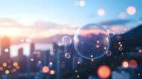 Dreamy soap bubbles floating against blurred urban sunset skyline with bokeh lights creating magical atmospheric mood for background designs and layouts.